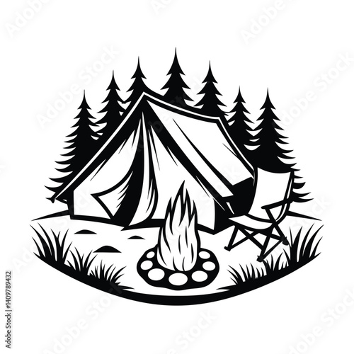 Black & White Camping Tent, Campfire, Chair, Forest Silhouette Icon Design