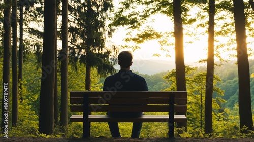 Man Silhouetted on Bench Contemplative Sunset View in Wooded Park