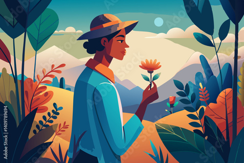 Man admiring flower in lush garden during sunset  
