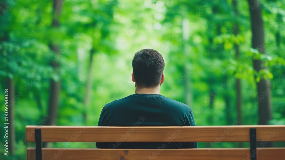 Fototapeta premium Man Sitting on a Wooden Bench in a Lush Green Park Contemplative Pose