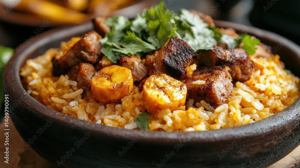 Traditional Colombian Arroz Atollado, creamy rice with pork and plantains, earthy tones, cultural cuisine Traditional Colombian Arroz Atollado, creamy rice with pork and plantains, earthy tones, cultural cuisine