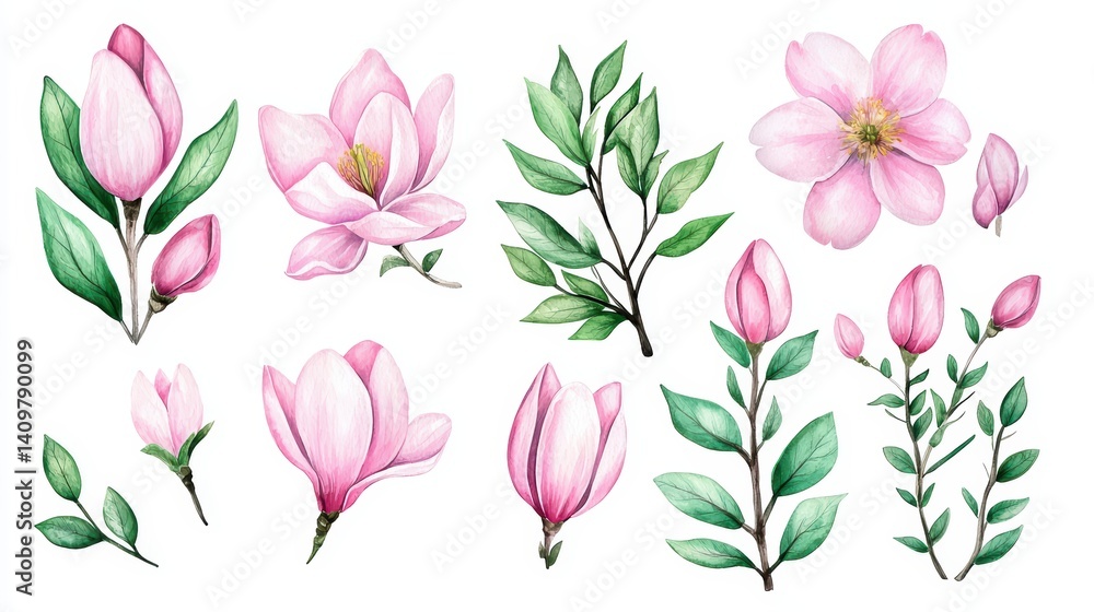 Beautiful pink magnolia flowers and leaves illustration Beautiful pink magnolia flowers and leaves illustration