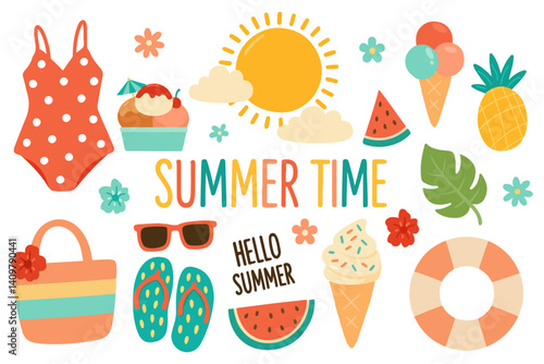 Colorful summer set in cartoon flat style. Summer collection elements of a flip-flops, ice cream, sun, fruits and accessories. Perfect for sticker, vacation prints, holiday or kids designs vector art
