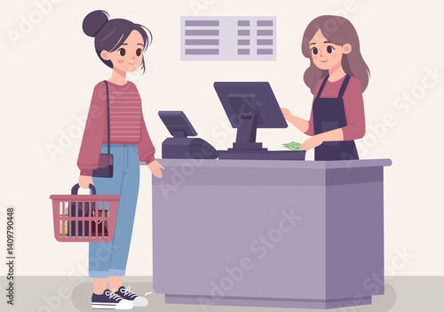 A female employee is calculating the bill after a customer brings his shopping to the counter.