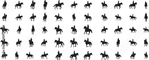 set of equestrian silhouette black and white in many profile side front view
