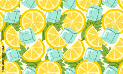 Homemade lemonade seamless pattern. Lemon, ice cube, mint leaf background design. Fresh juicy citrus fruits and drinks. Tropic summer cocktail. Flat Vector illustration