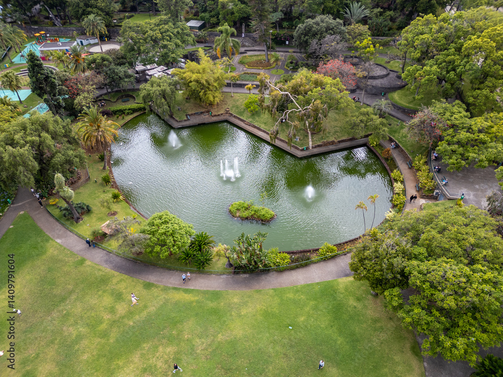 Drone view of Santa Catarina Park in Funchal city, capital of Madeira Island, Portugal
