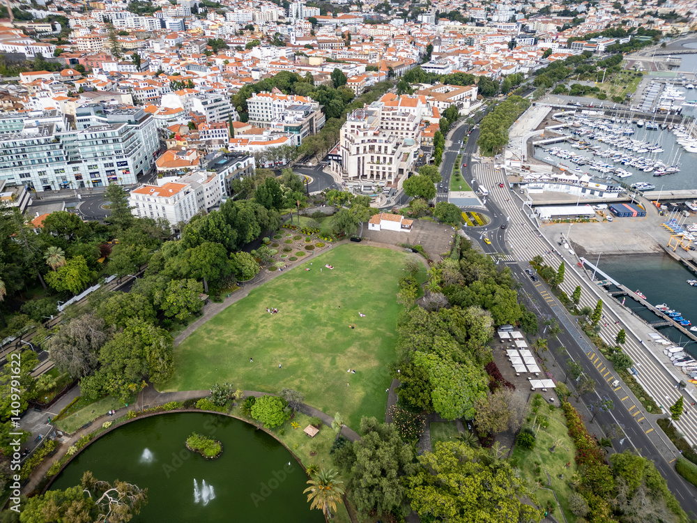 Aerial view with Santa Catarina Park in Funchal city, capital of Madeira Island, Portugal