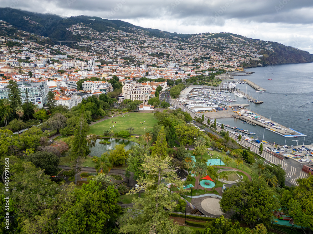Drone view of Santa Catarina Park in Funchal city, capital of Madeira Island, Portugal