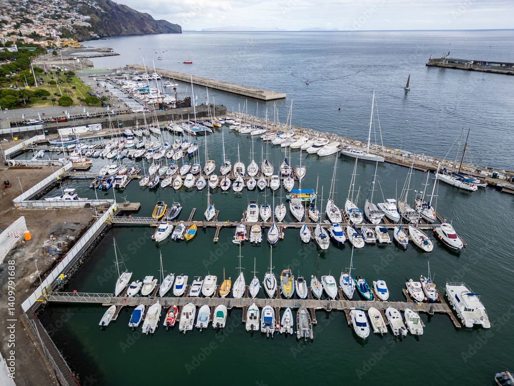 Aerial view of marina in Funchal city, capital of Madeira Island, Portugal