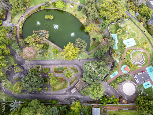 Obraz na płótnie Drone photo of lake in Santa Catarina Park in Funchal city, capital of Madeira Island, Portugal w salonie