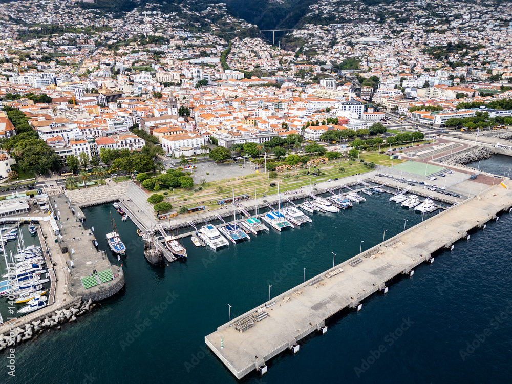 Aerial view of marina in Funchal city, capital of Madeira Island, Portugal
