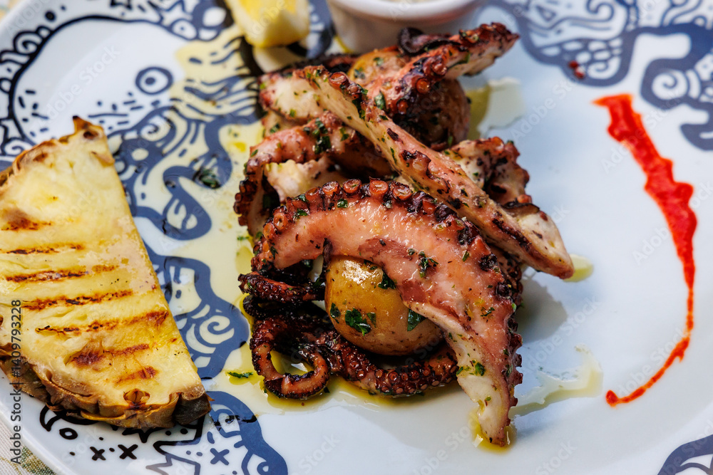 Grilled octopus in restaurant in Funchal city, capital of Madeira Island, Portugal