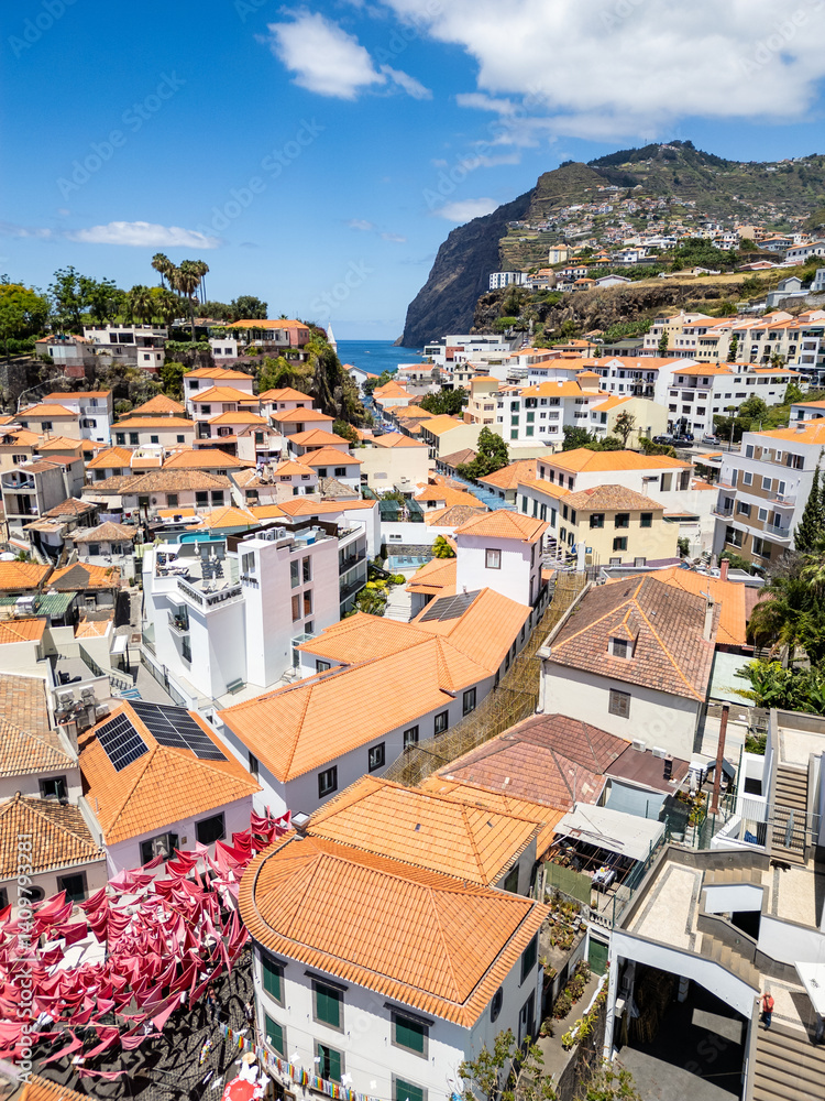 Camara de Lobos, Portugal - June 11, 2024: Aerial view of Camara de Lobos on Madeira Island, Portugal