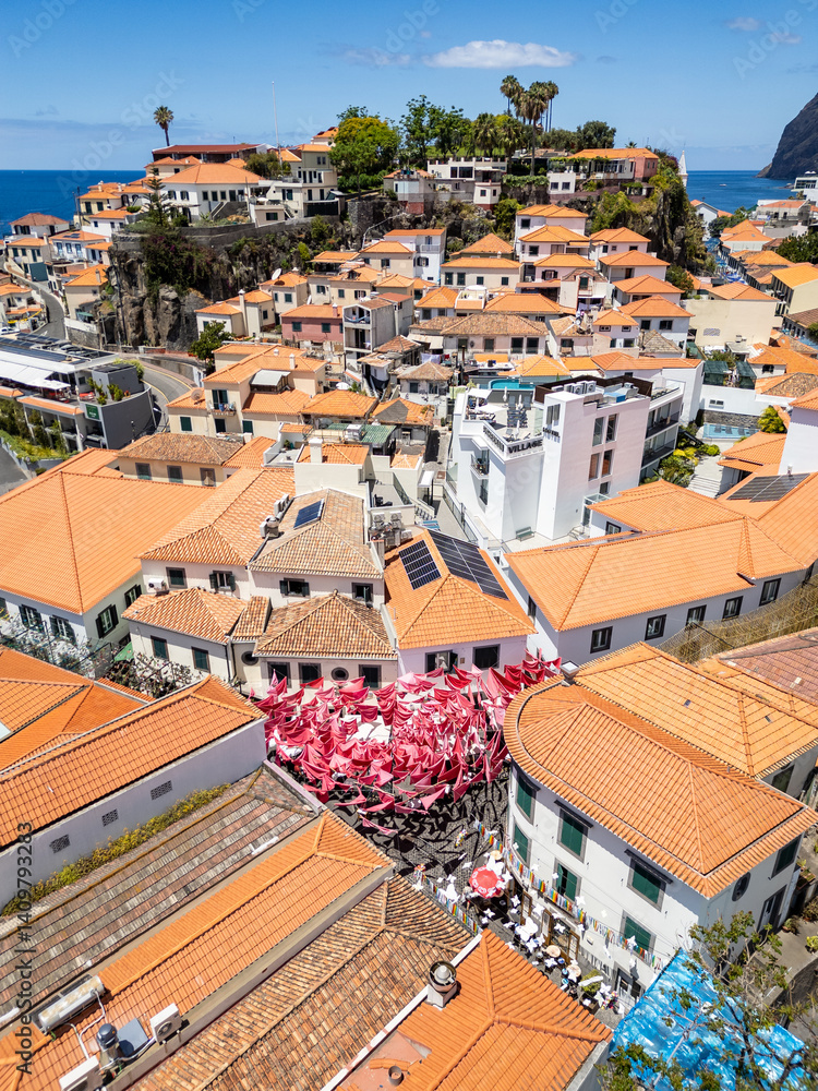 Camara de Lobos, Portugal - June 11, 2024: Aerial view of Camara de Lobos on Madeira Island, Portugal