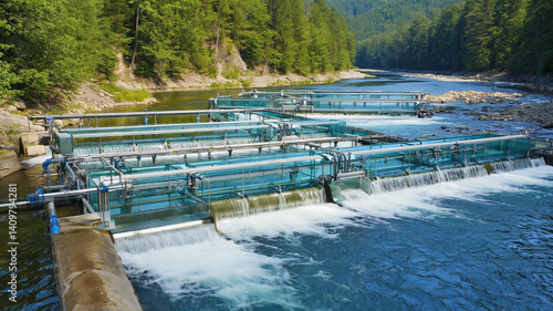 Fish hatchery cascading into river illustrating aquaculture industry practices