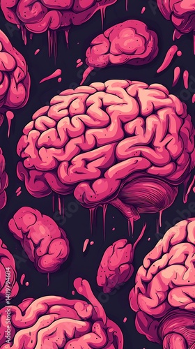 Surreal Brain Pattern Phone Wallpaper   Pink Brains on Dark Background | Vertical HD Mobile Background

