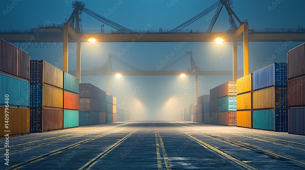 Obraz premium Night-to-day blend over a container yard with subtle fog, lit-up cranes, high-contrast industrial textures, sleek commerce atmosphere, futuristic background, long shadows, minimal urban aesthetic