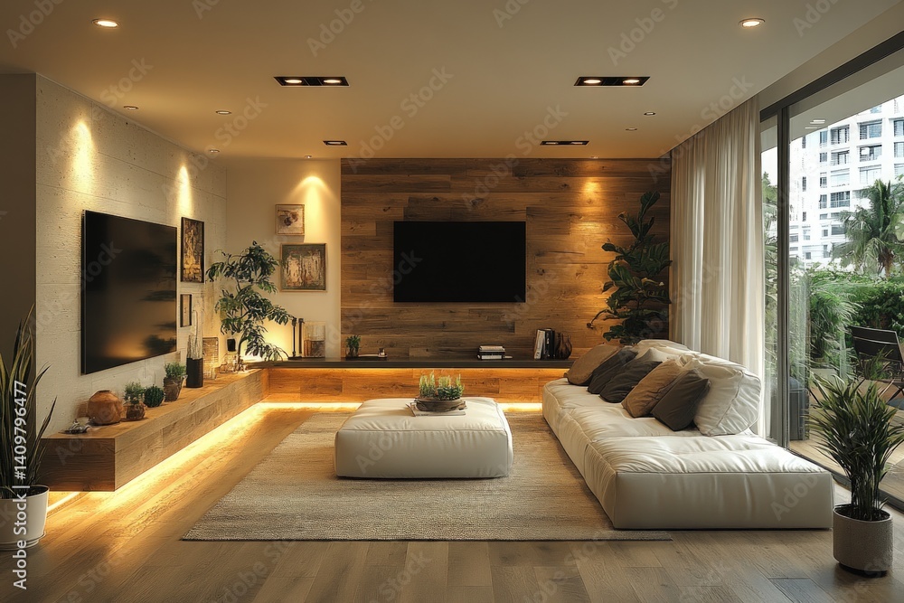 Fototapeta premium Modern living room interior with sofa television plants and wooden wall paneling.