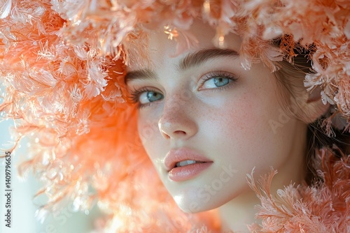 Woman with light skin and green eyes surrounded by fluffy orange material.