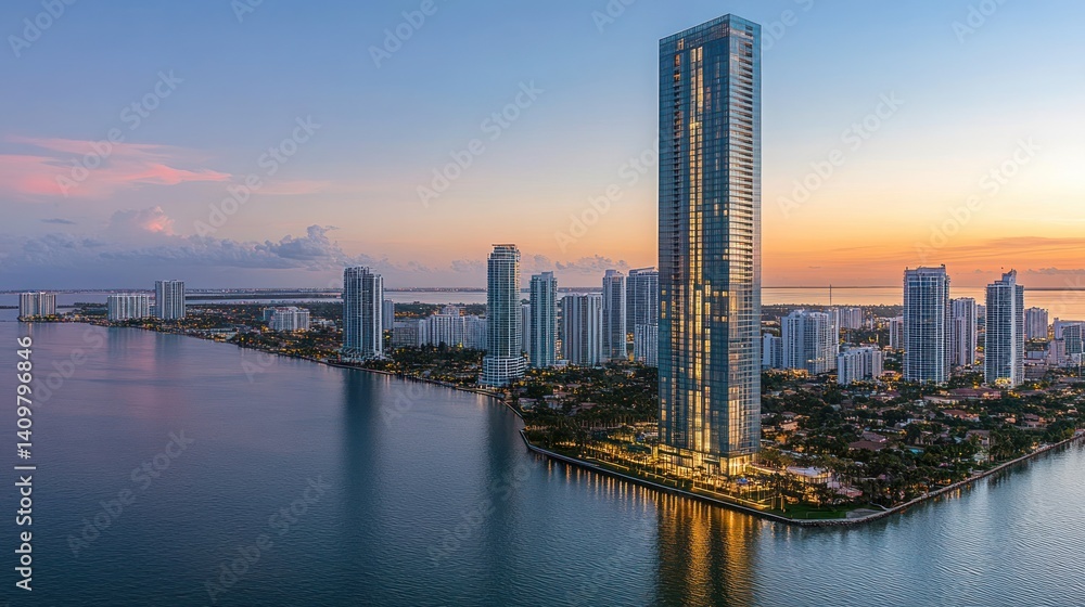 Fototapeta premium Astonishing Sunset View of the City Skyline and the Majestic Tower in Miami, Florida