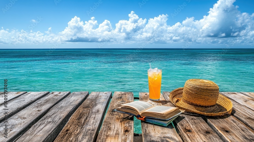 Obraz premium Dockside table with book, straw hat, iced drink, and ocean horizon in the background