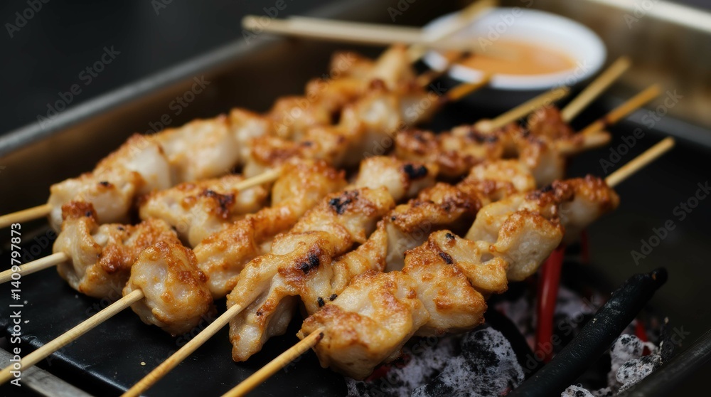 Grilled chicken skewers with sauce on grill Grilled chicken skewers with sauce on grill