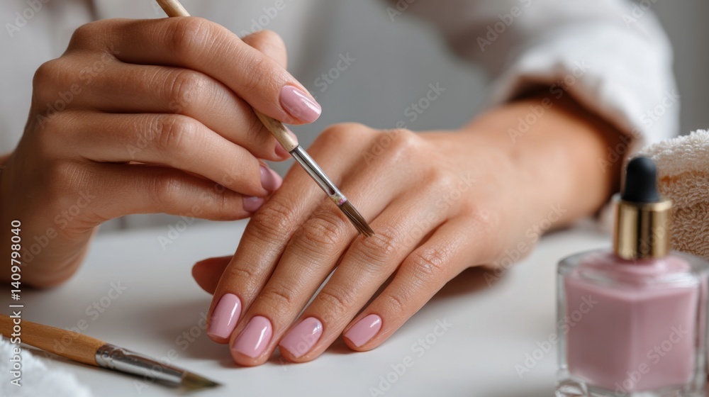 Woman applying cuticle oil with a brush on her manicured hands with pink nail polish on a white table Woman applying cuticle oil with a brush on her manicured hands with pink nail polish on a white table