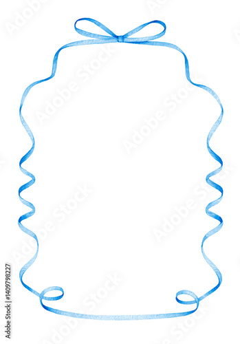 Curved blue ribbon frame with bow isolated on white background. Watercolor hand drawn illustration. Celebration and greeting card concept for design, print, banner, postcard, invitation, greeting card