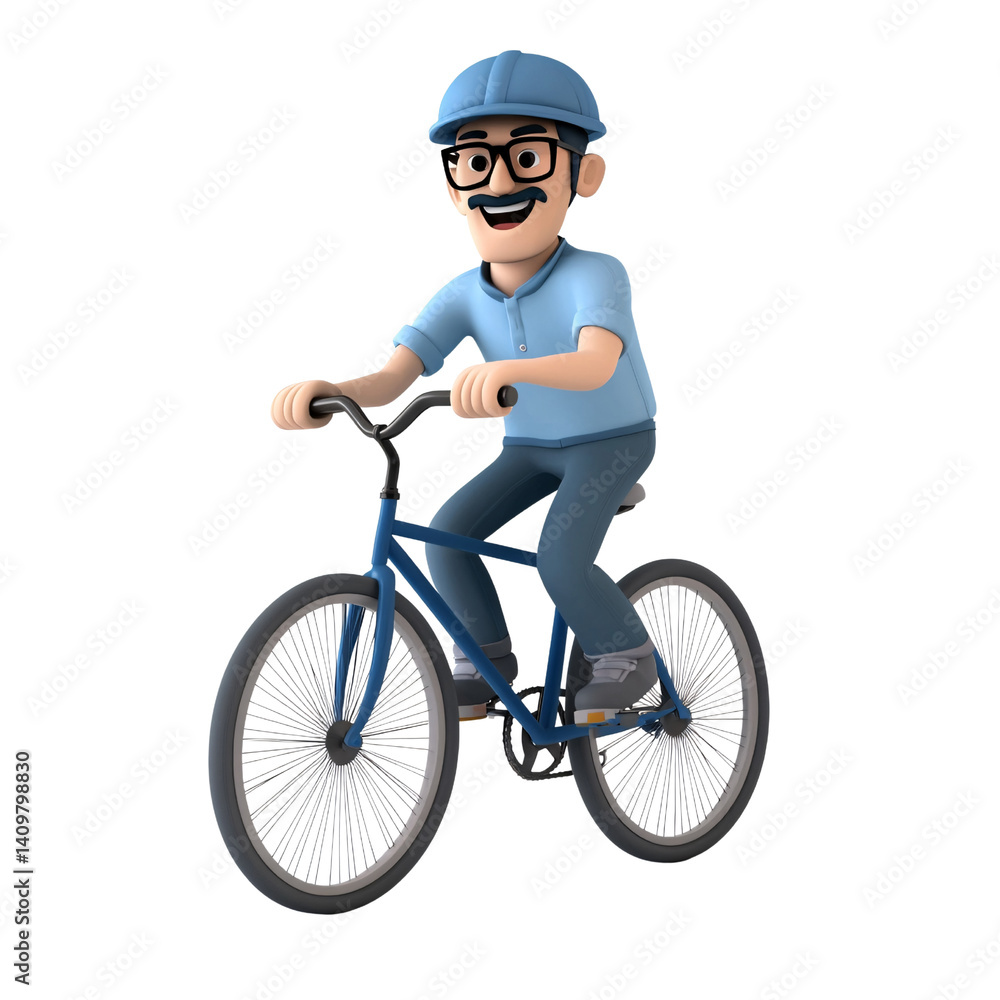 Naklejka premium Cheerful 3D cartoon man with mustache riding a blue bicycle on a transparent background Concept of active lifestyle, cycling, and transportation