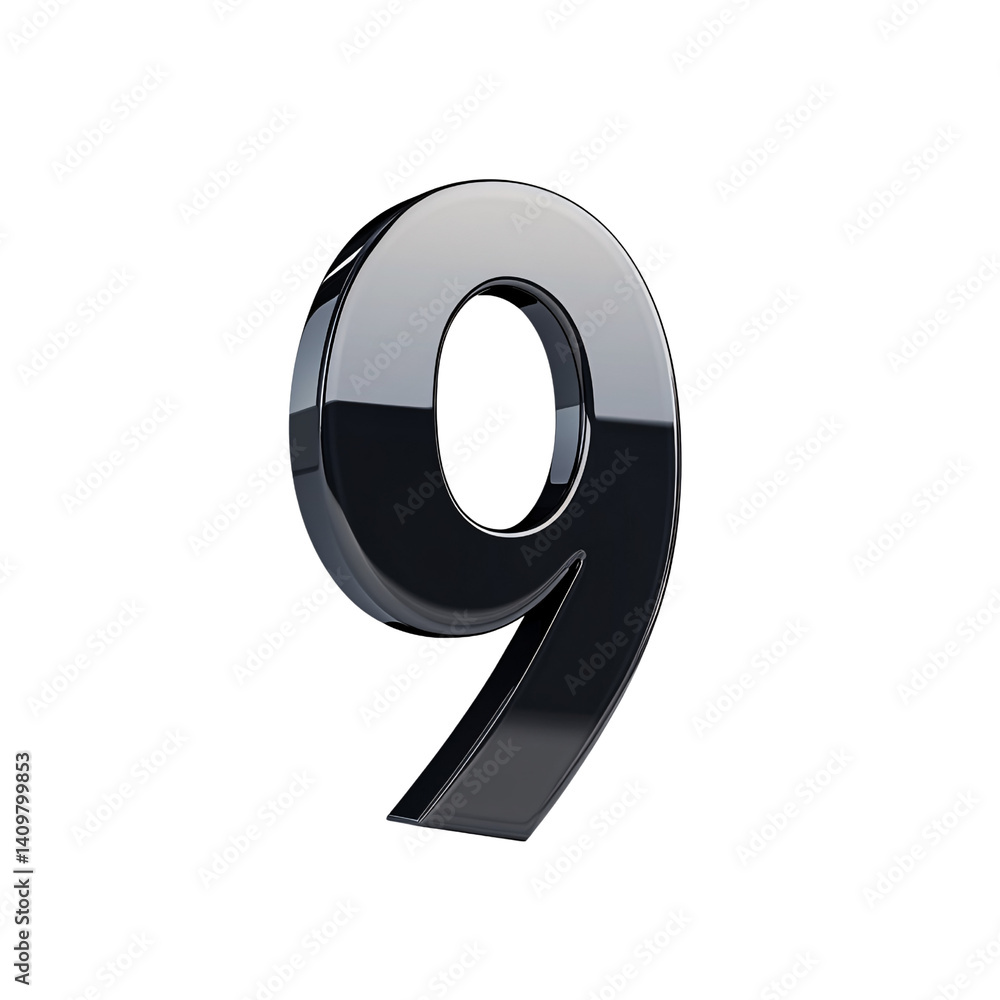 Glossy metallic number nine on a transparent background, a 3D rendering for graphic design and mathematical concepts Glossy metallic number nine on a transparent background, a 3D rendering for graphic design and mathematical concepts