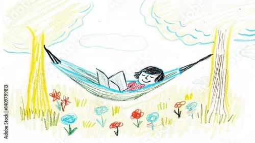 Person relaxing and reading in a hammock surrounded by nature  