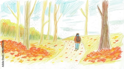 Person walking through an autumn forest trail  