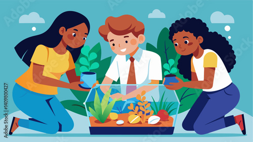 A group of students setting up a miniature rainforest ecosystem in a terrarium as part of their collaborative STEM project.. Vector illustration