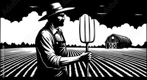 Farmer holding pitchfork standing traditional representing agriculture in field with barn