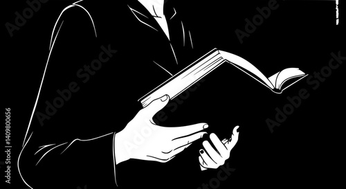 Person's hands holding book open contemplative reading in front of bookshelf