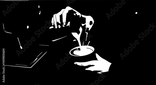Barista pouring skillful creating latte art against dark background