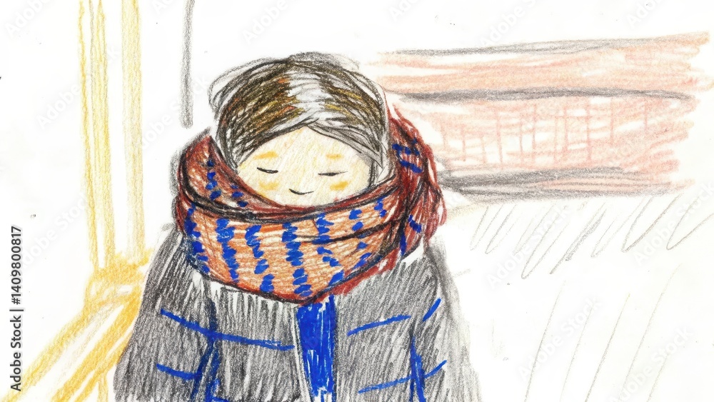 Person wearing a scarf smiling warmly in a cozy environment