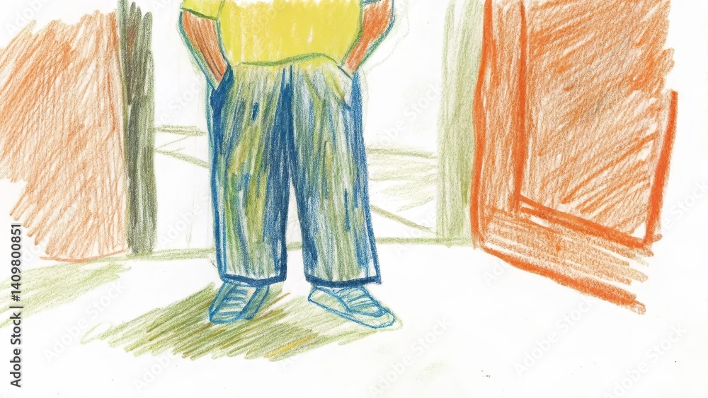 Person standing confidently in a doorway with colorful walls
