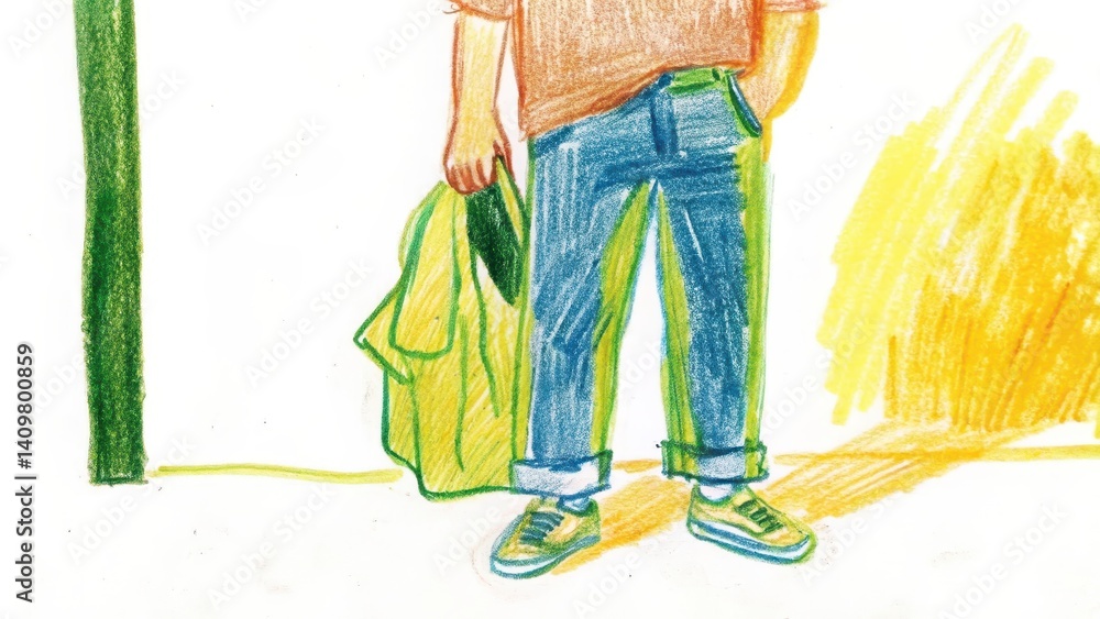 Casual person holding a bag in a colorful outdoor setting