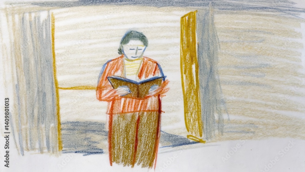 Woman reading a book indoors with warm lighting