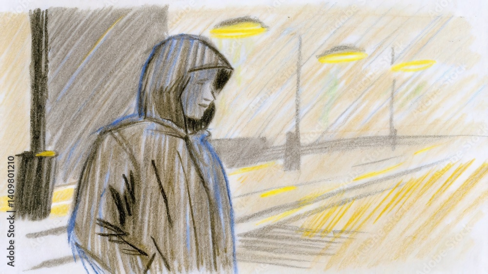 Person in Raincoat Contemplating on Foggy Street