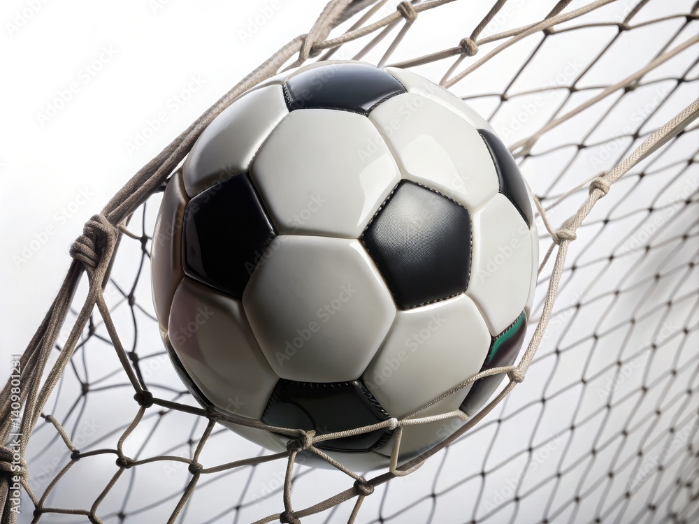 Fototapeta premium Isolated black and white soccer ball sphere in the goal net of a fun football game