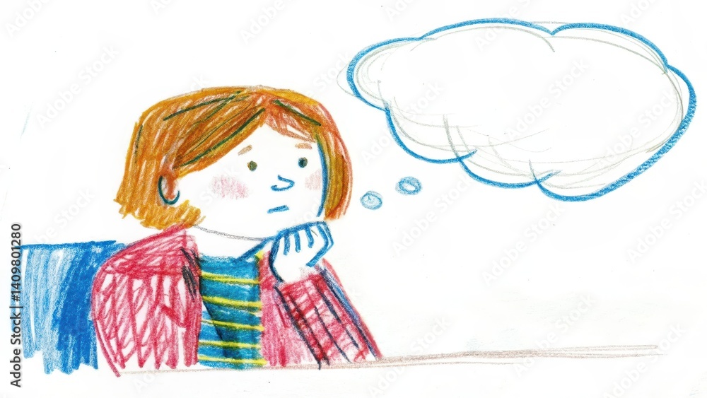Thoughtful child pondering ideas with a speech bubble illustration