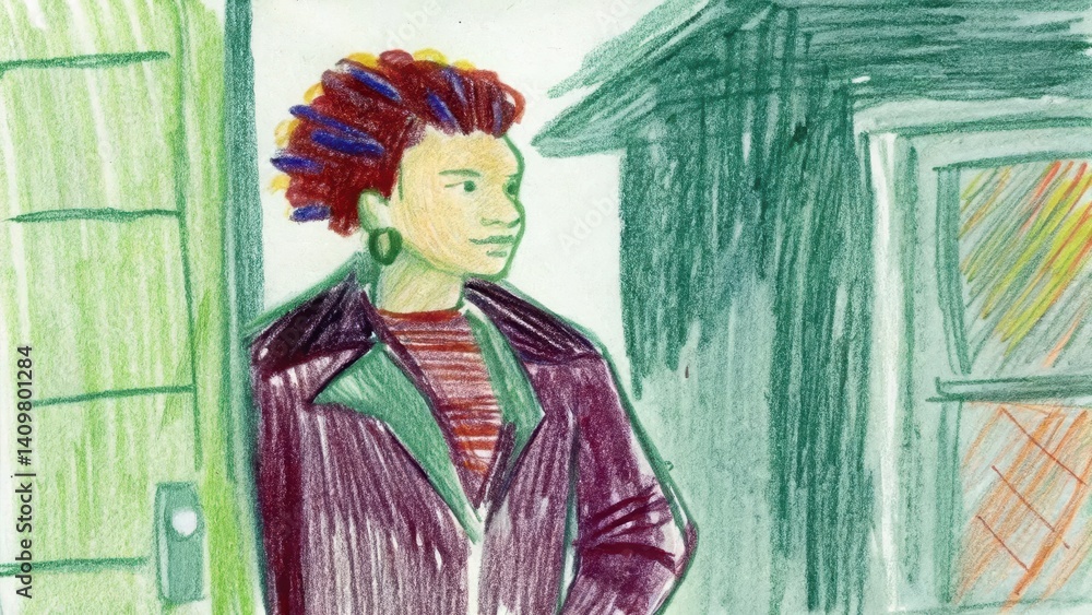 Unique-haired person standing confidently at a doorway