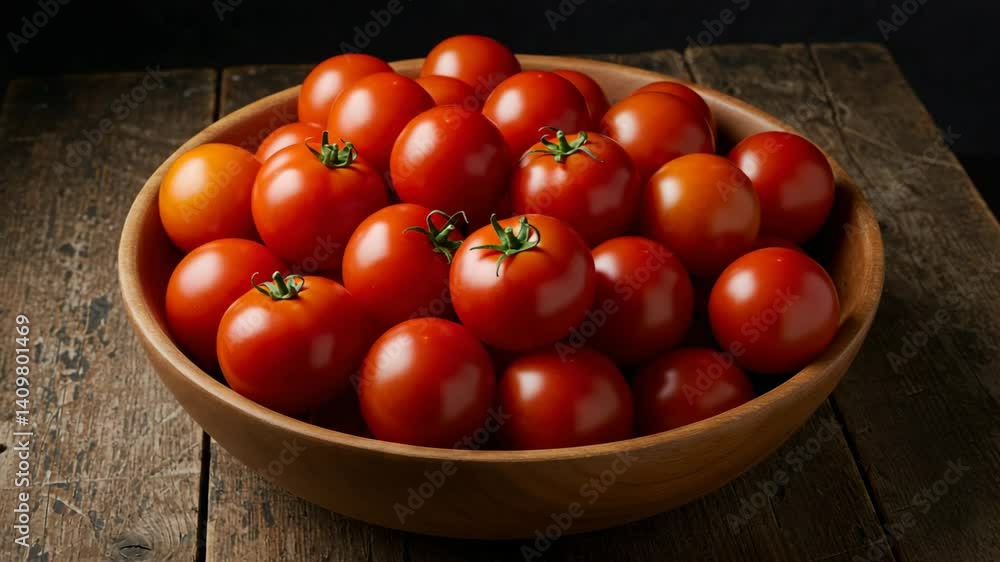 Fresh Red Tomatoes in Wooden Bowl on Rustic Wooden Surface Fresh Red Tomatoes in Wooden Bowl on Rustic Wooden Surface