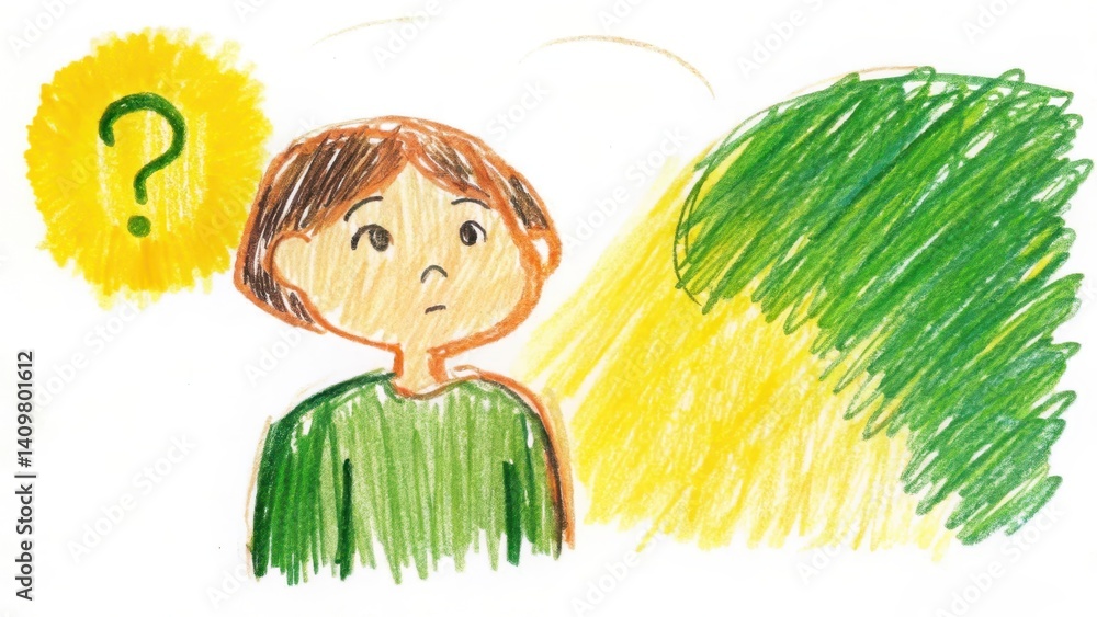 Curious child pondering with colorful thoughts