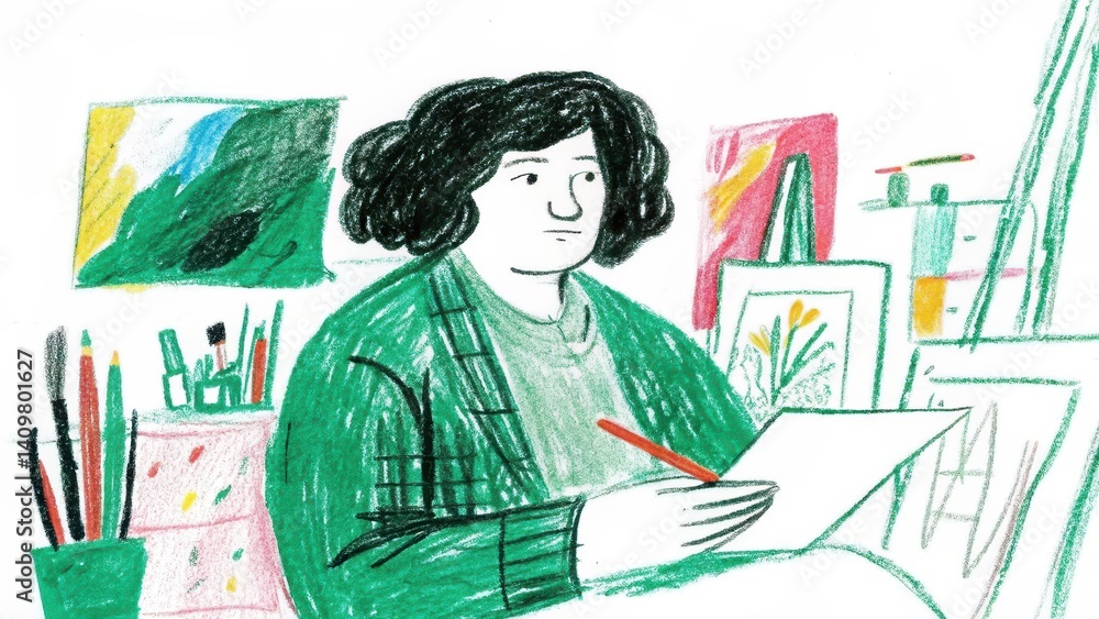 Creative artist drawing in a colorful workspace