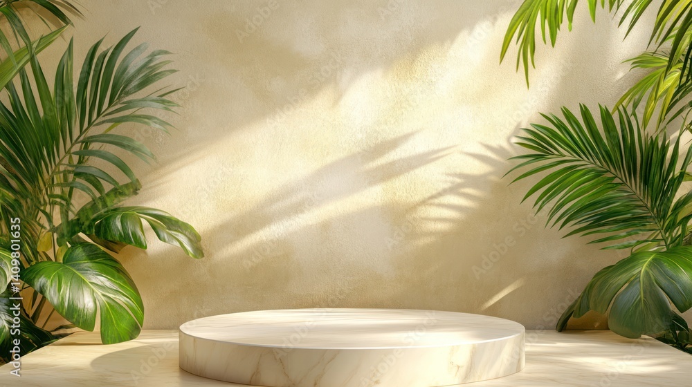 Beige product display podium with tropical plants Beige product display podium with tropical plants