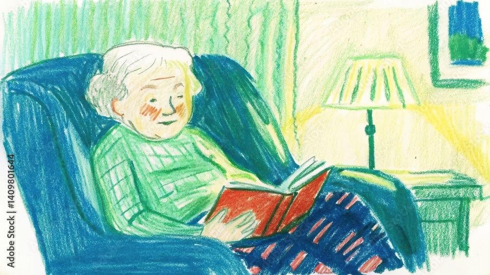 Elderly person reading happily in cozy living room